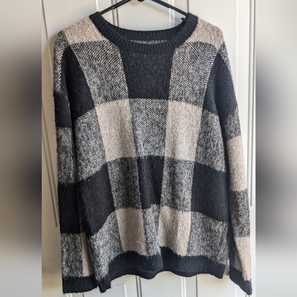 Lucky Brand Wool Blend Black Beige Buffalo Plaid Size Large Sweater